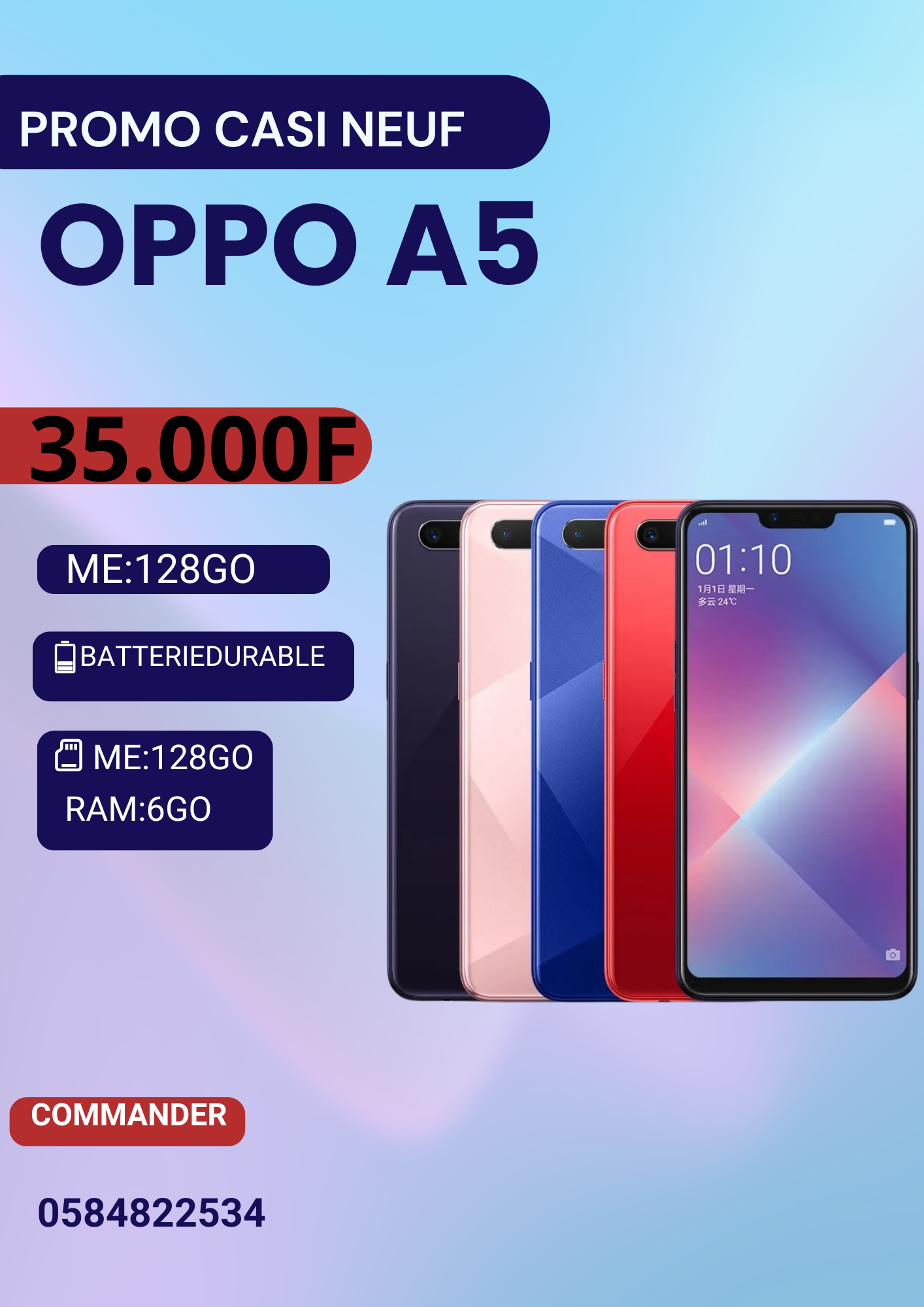 OPPO A5: casi neuf en très bon état (offert avec chargeur et écouteur)